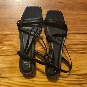 Black, square toe, low block heel sandals, size 9.5